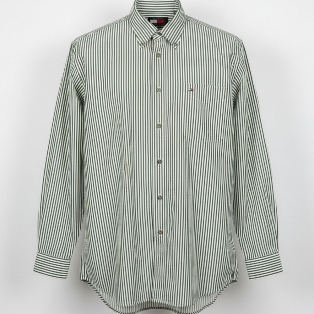 Tommy Hilfiger Vintage Green/White Striped Button Down Shirt Mens XL
